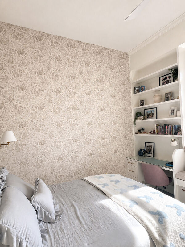 The toile wall, from the bed