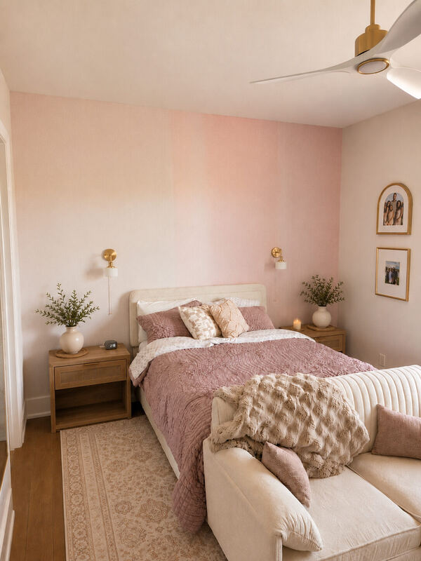 Same wall, finished. The sconces landed in those boxes