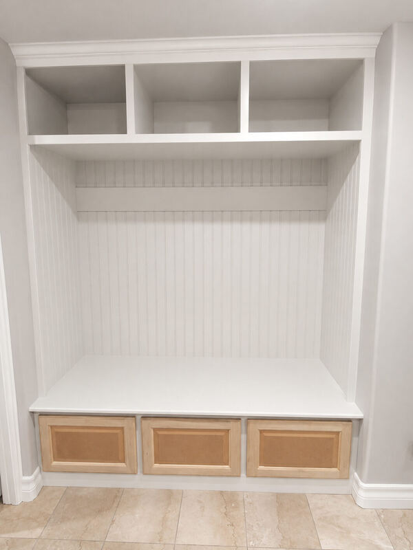 Built: beadboard back, three cubbies, oak drawer fronts