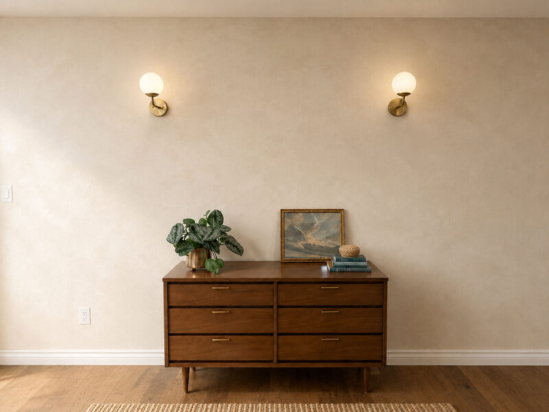 The same wall, done: two brass globes and a walnut dresser