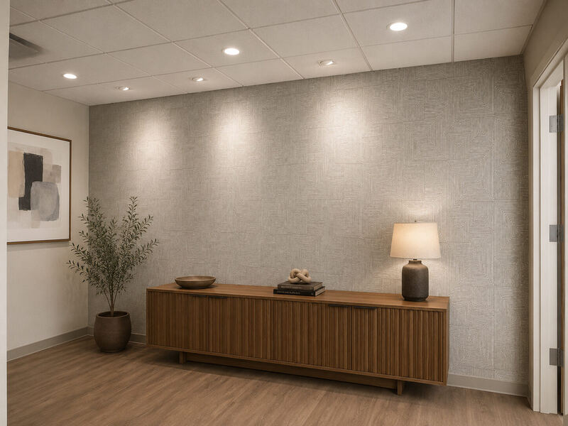 The lobby, under three downlights